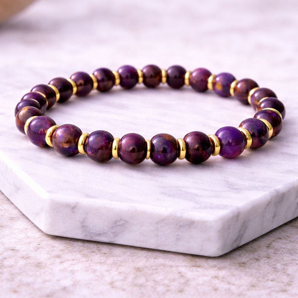 Purple Cloisonné Enamel 8mm Beads Stretch Bracelet Boho Jewelry